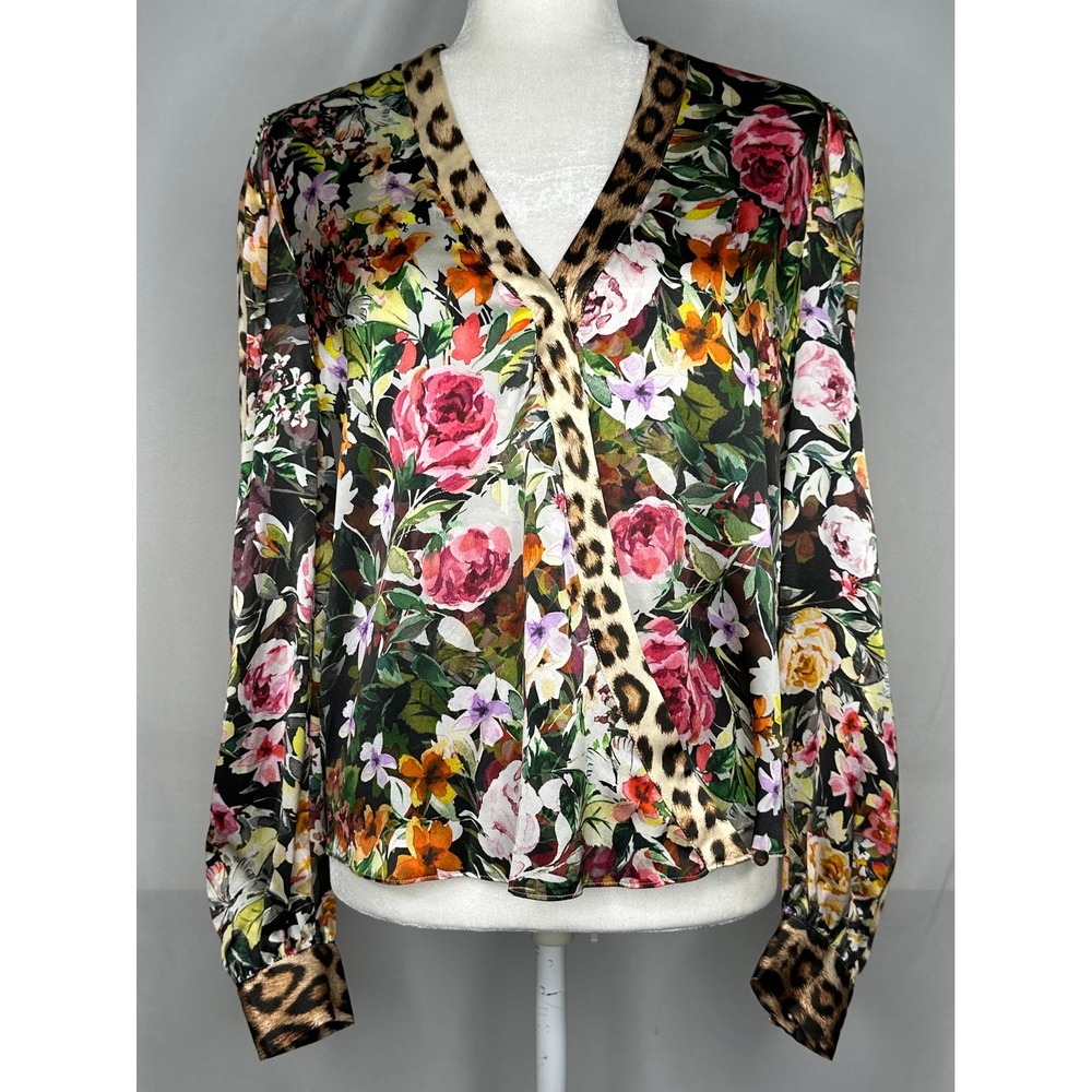 Generation Love Silk Floral Leopard Print Wrap Blouse Top Mob Wife Small